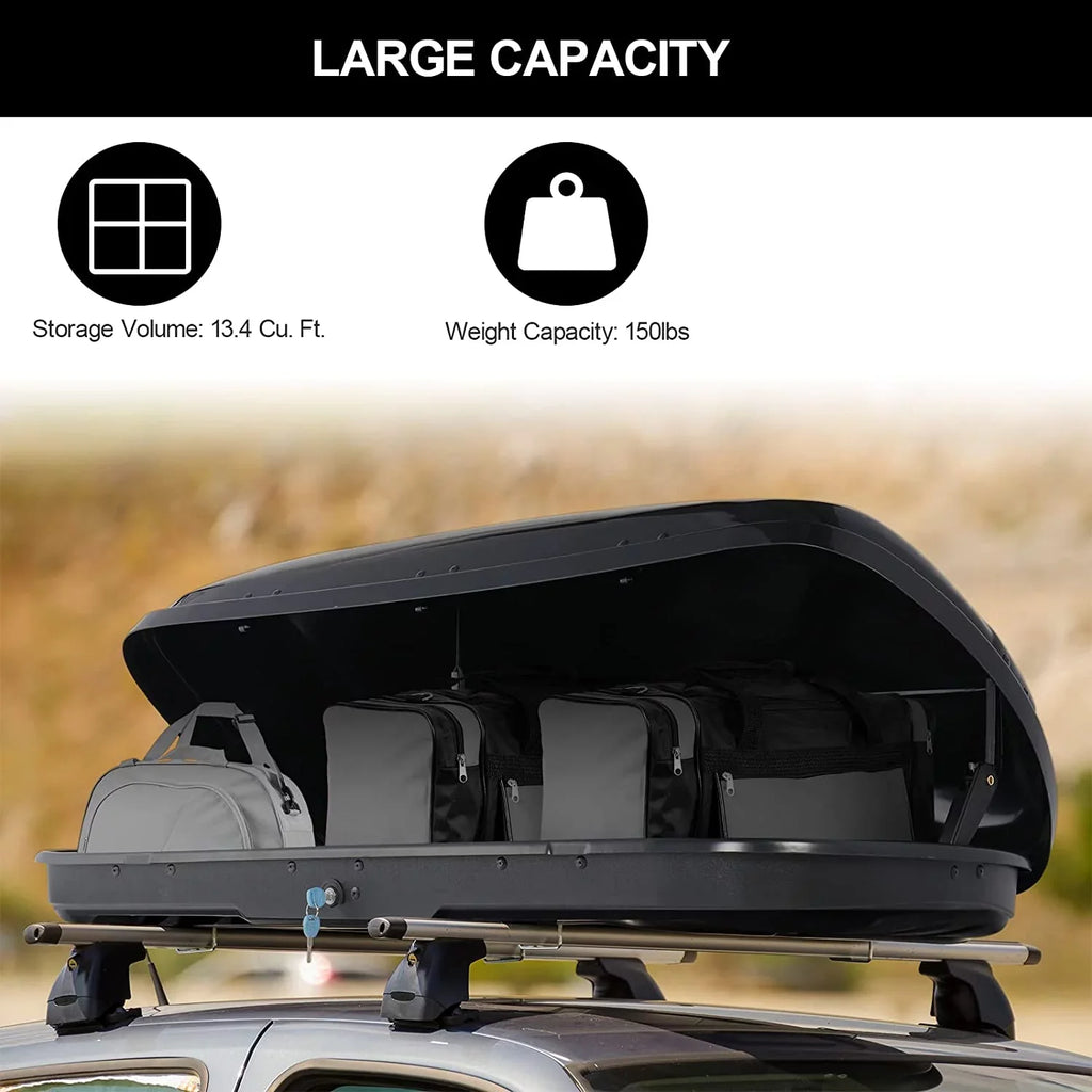TUFFIOM Shell SUV Roof Car Hard Waterproof Luggage Box Feet Dual-Side Cubic Cargo Rack, Rooftop Carrier for Capacity, w/Cross w/Keys, Cargo Opening, Bars, Storage 13.4 Travel Black Van 150LBS