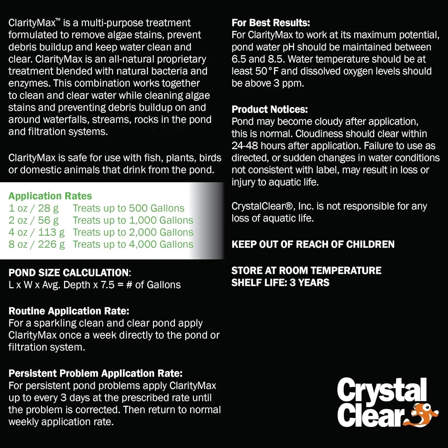 to gallons 6 Pond, Waterfall CrystalClear Treatment - up Stream treats & ClarityMax 48,000 pounds -