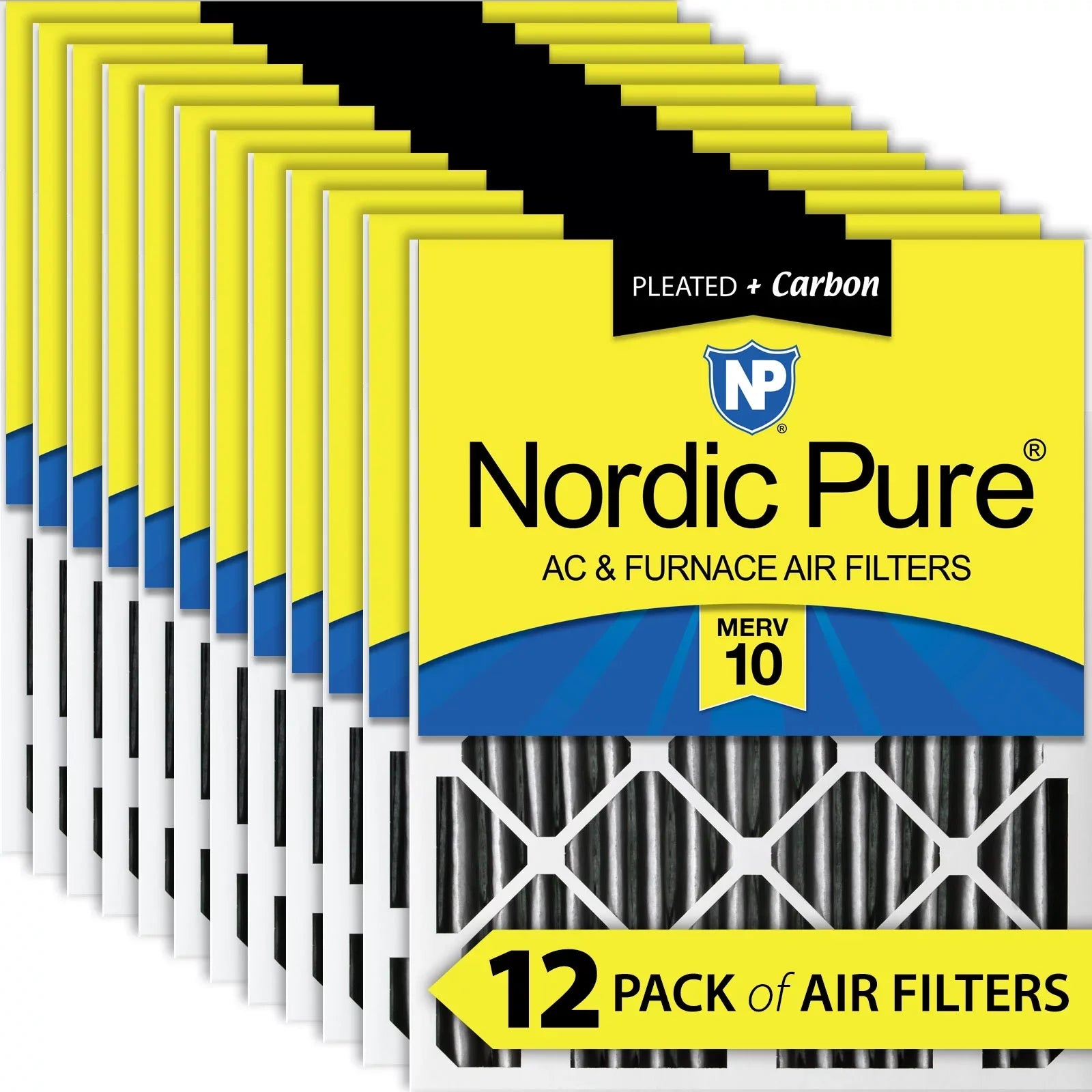 Pleated 12 Carbon Nordic 20x20x2 Pure Plus Air 10 Filters Pleated Pack MERV
