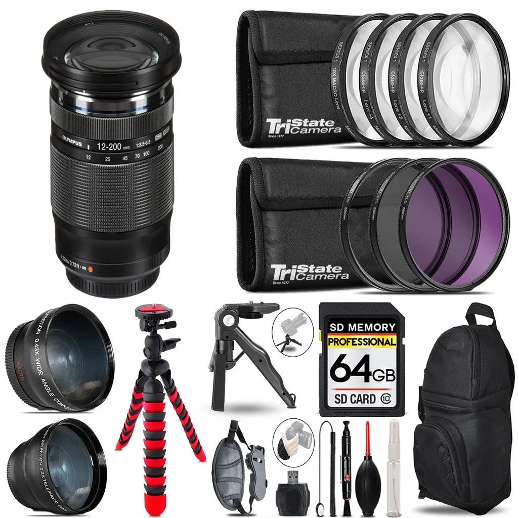 Accessory + + 3 Tripod ED Bundle Lens M.Zuiko - Lens 64GB Kit Olympus f/3.5-6.3 12-200mm Backpack Digital -