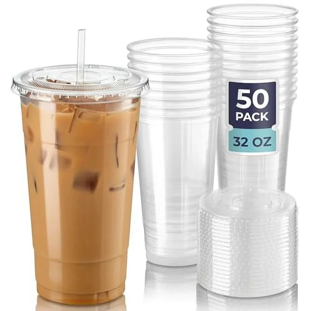 Tea for Premium Cups, 32 Lemonade oz Bubble Milkshake, BPA Stand, Drinks, Clear Juice, Coffee Free Party, Pack] Cold Smoothie Plastic Iced [50 Crystal Boba, with Cups Cup Disposable Flat Lids,