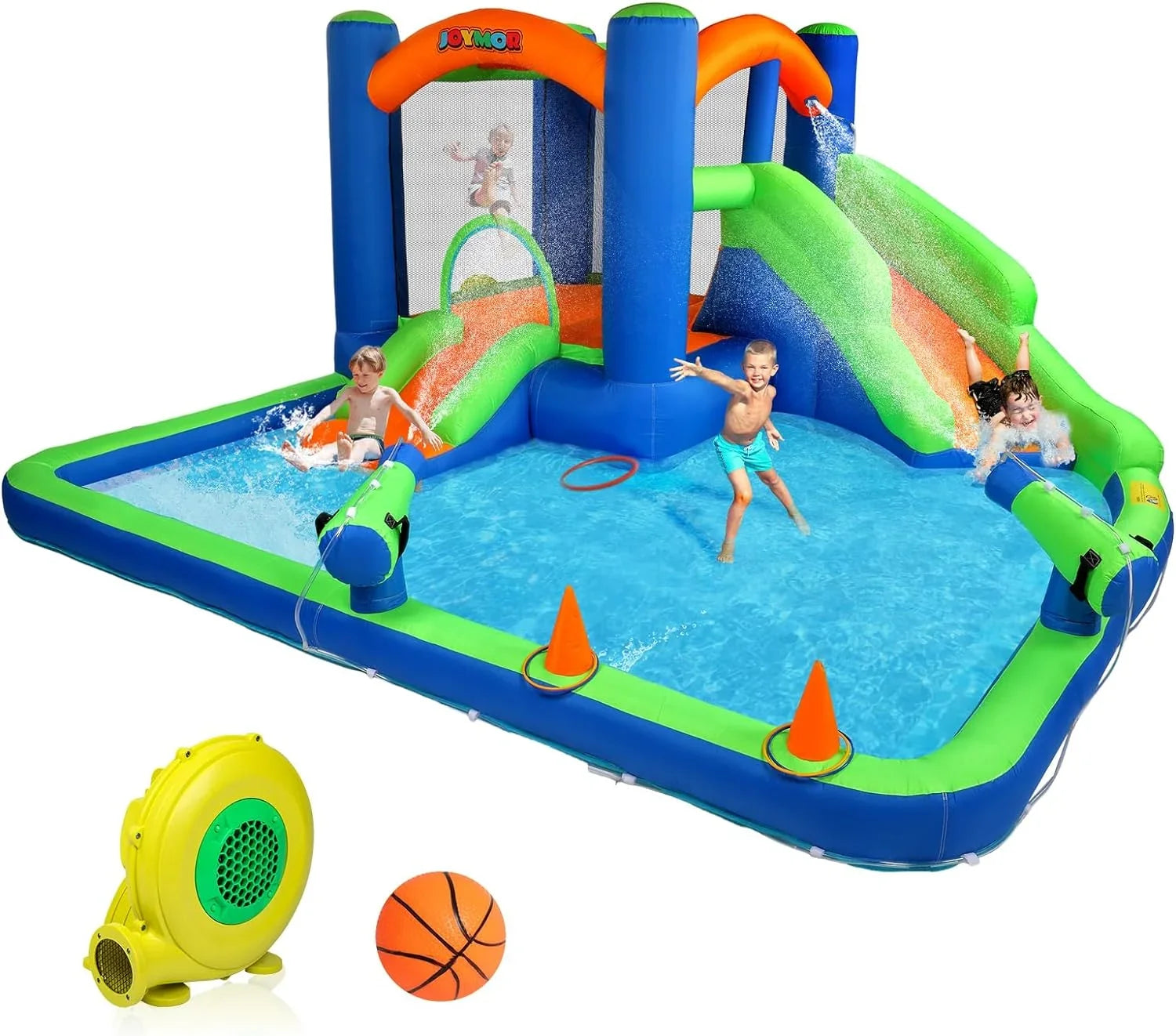Water Game, Inflatable Hoop, House Water Blower New) House Bounce Water Inflatable (2024 JOYMOR w/Slides, Cannon, Slide 3-6, Ring-Toss Inflatable Slide Bounce Water Air Kid for w/Basketball