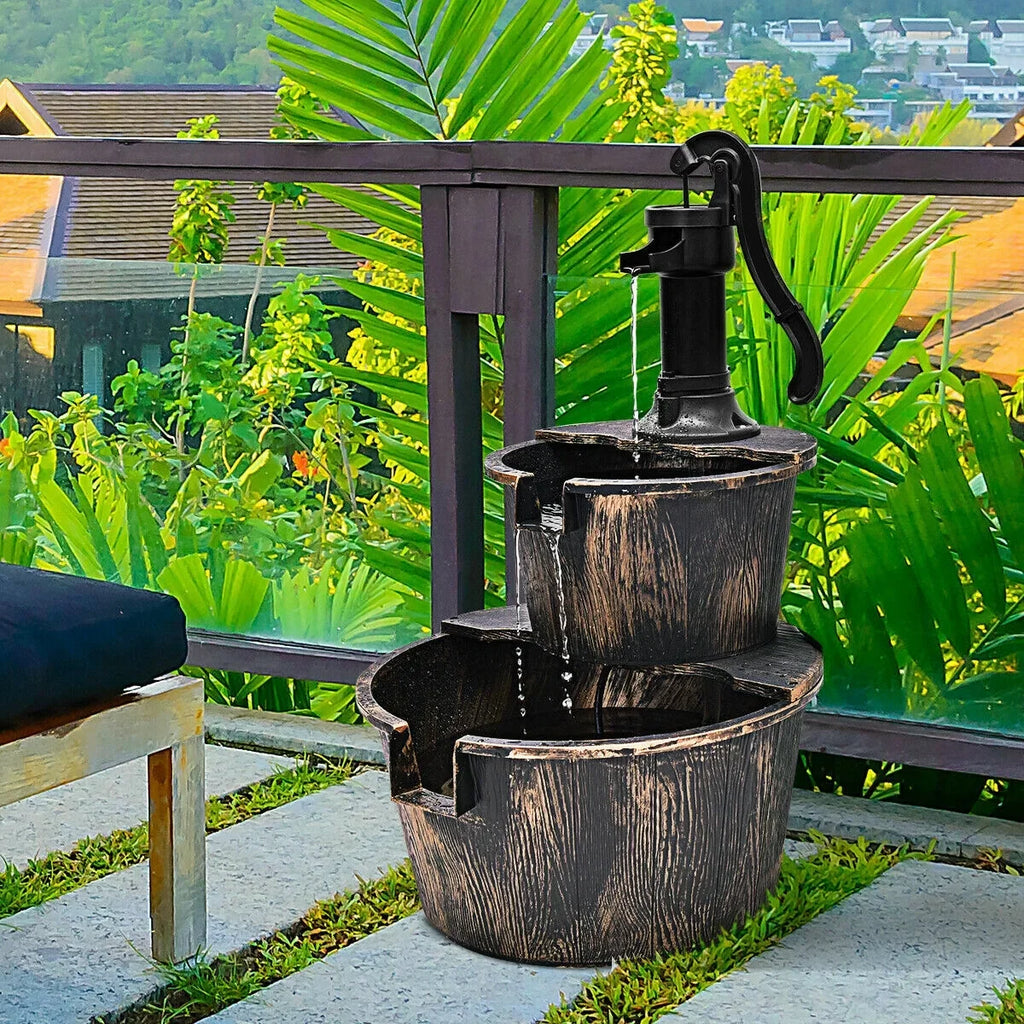 Barrel Waterfall Barrel Outdoor Garden Pump | 2-Tier with Fountain Water Fountain