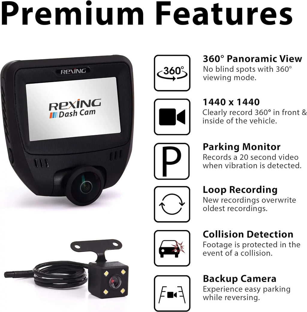 Rexing - Open V360 Box Degree Dual Angle Wide Dashboard Black 360 Channel Camera