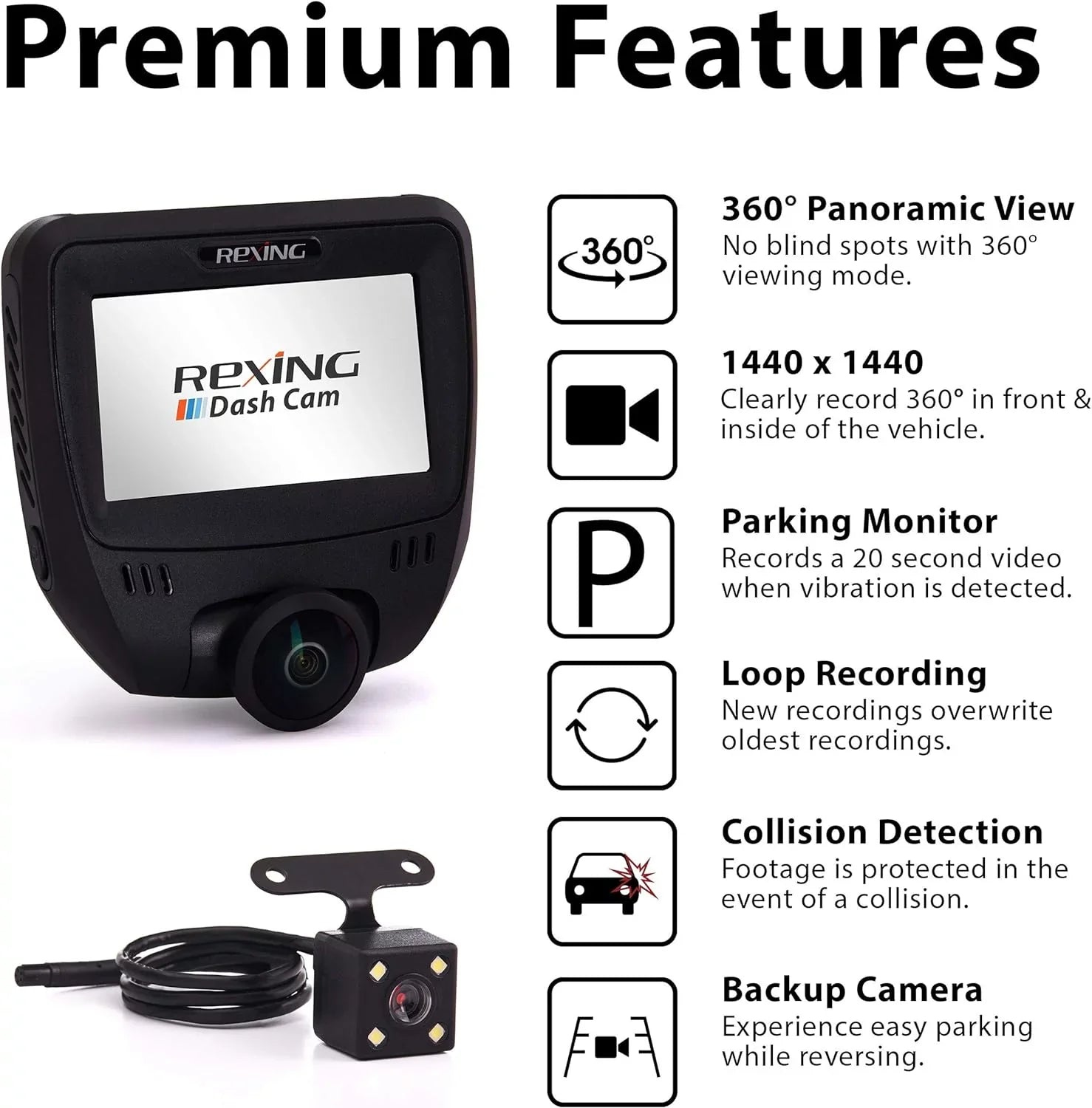 Rexing - Open V360 Box Degree Dual Angle Wide Dashboard Black 360 Channel Camera