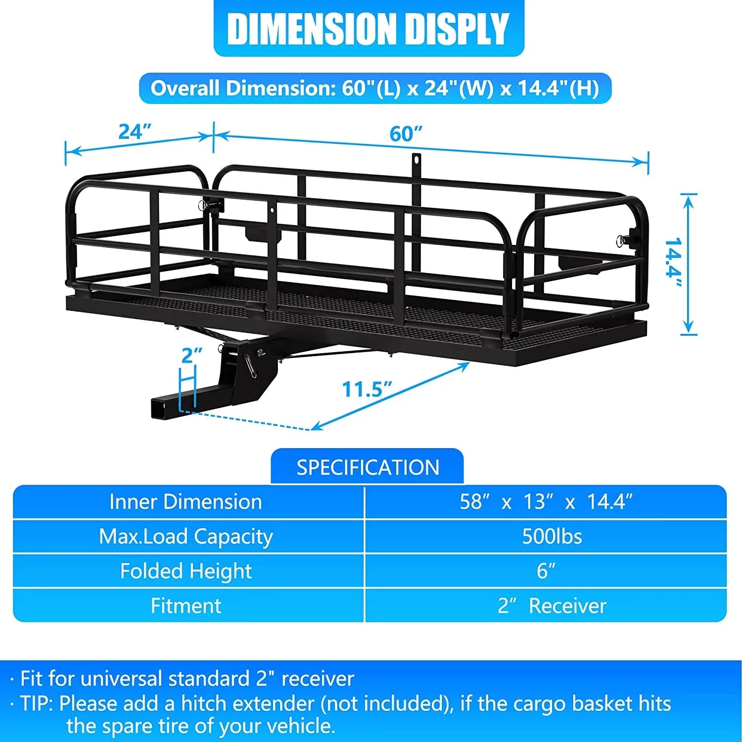 for 14.4" Lbs Heavy Car SUV Traveling Receiver Carrier Basket WAGEE 24" Rear x 500 Luggage Cargo Hitch Duty Folding Camping 60" x Cargo Mount Fits Rack 2"