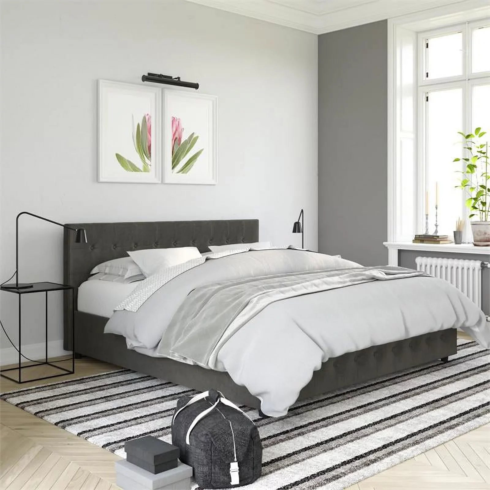 in Bed in Frame Velvet Upholstered Gray Size Sherry Queen DHP