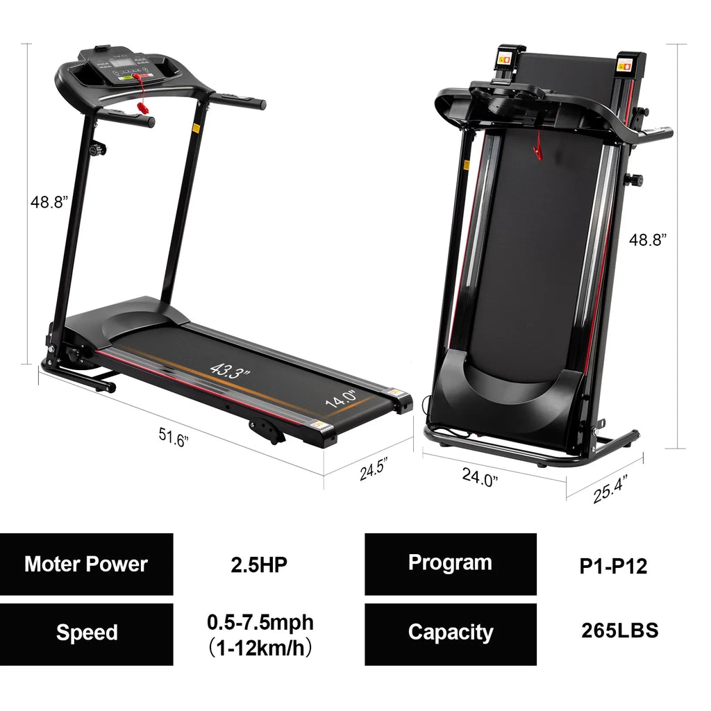 Gym Cup Rate Foldable, Electric Fitness 2.5HP Sensor Home Treadmill Walking Folding Heart Incline 12KM/H Running Treadmill Bluetooth Holder Music for for Exercise with Machine Indoor Home