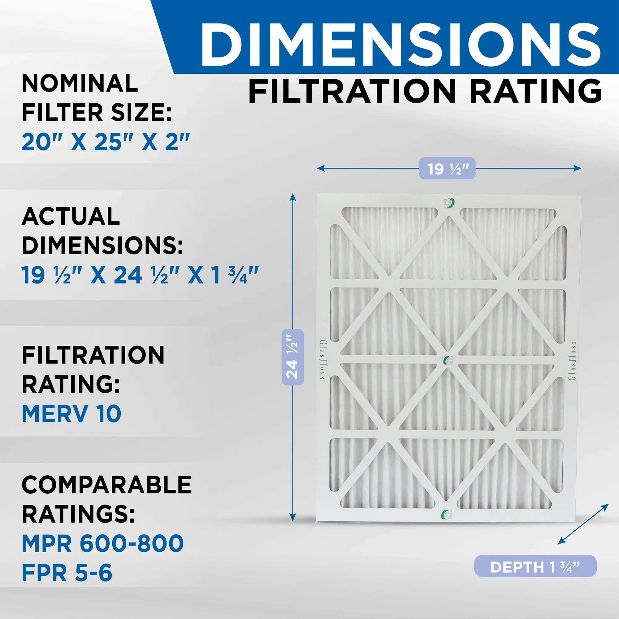 10 AC ) 20x25x2 Furnace 19-1/2 Industries. Exact by Filters Air x MERV Size: ( Pleated x Glasfloss 24-1/2 8 Pack 1-3/4