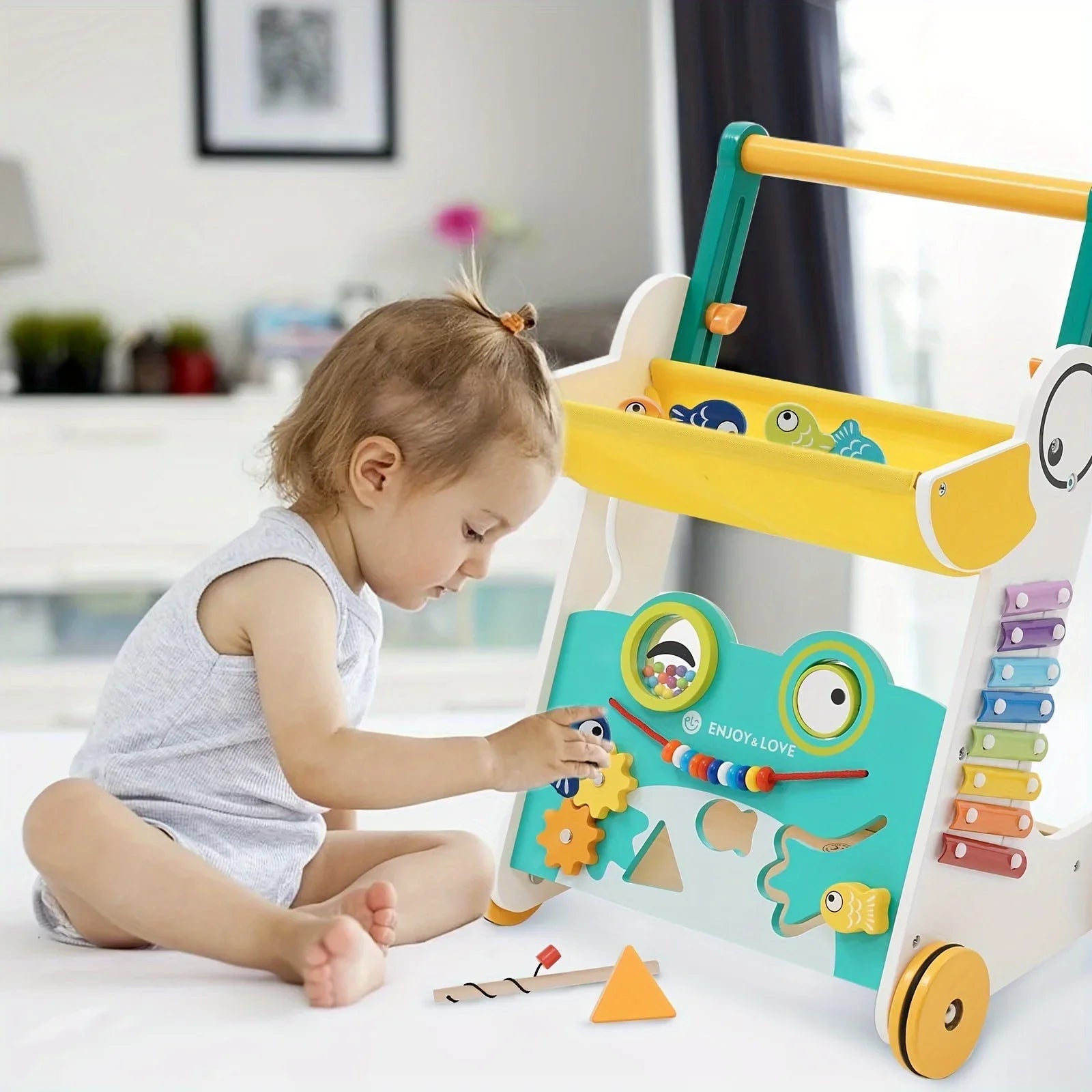 Sit-to-Stand Baby Kids Push Wooden Walker Multiple Shape Walker Baby Learning Entertainment Toy Xylophone Girls with Push Along Infants Activity Center for Toddler Boys Fishing Sorter Trolley