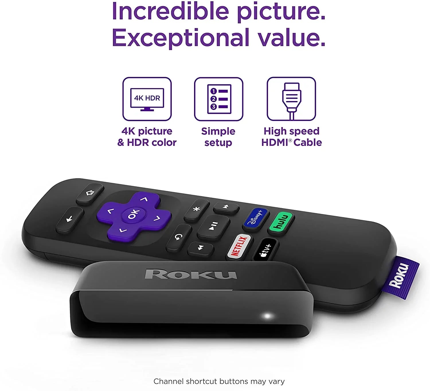 HD Roku Simple Premium Pack HDMI 2 Premiere Media HDR 4K and Player, Streaming Cable Remote
