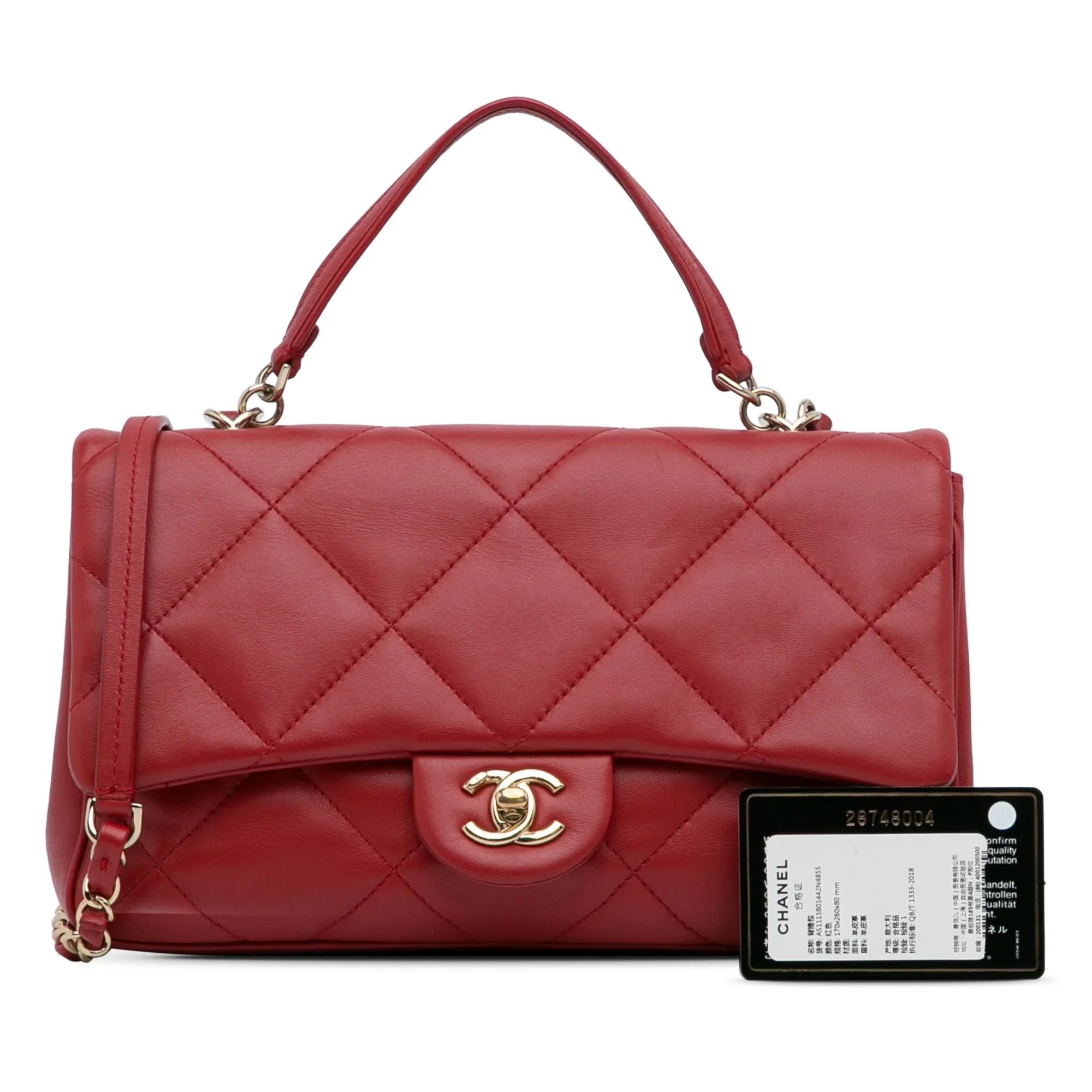 Bag Satchel Unisex Easy Pre-Owned Lambskin Carry (Good) Flap Authenticated Small Leather Chanel Red