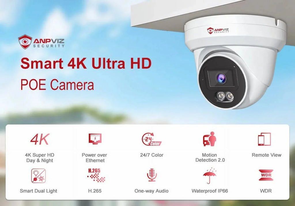 4K Vehicle with Built-in 8MP Vision Camera PoE Detection, Outdoor, Turret Security Wide Anpviz Light Angle, Dual Cameras AI Waterproof IP 98ft, PoE Mic, 110° Human Camera Night IP66 Smart Color