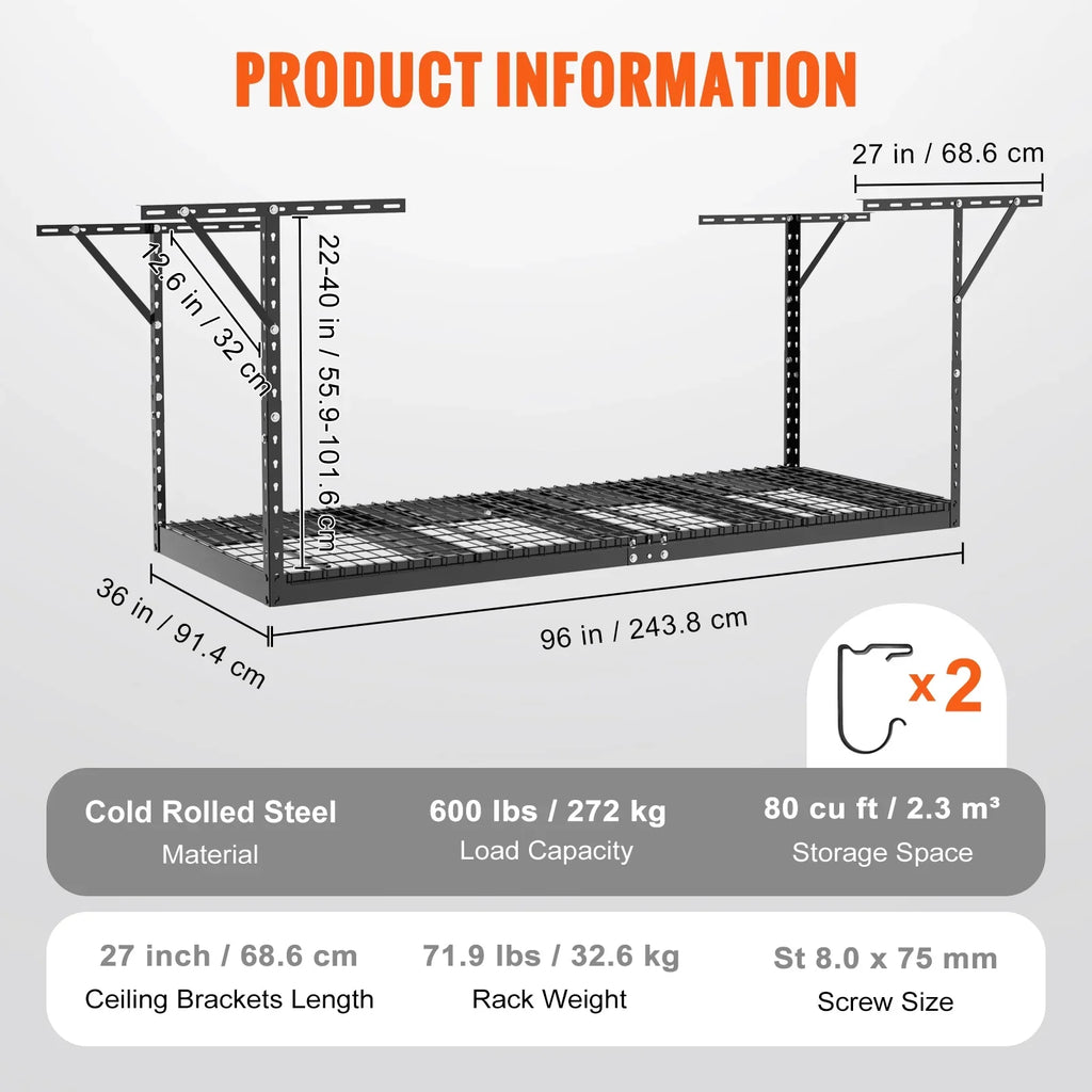 Storage Rack Overhead Garage BENTISM Rack Black 600lbs Ceiling 36x96in Adjustable
