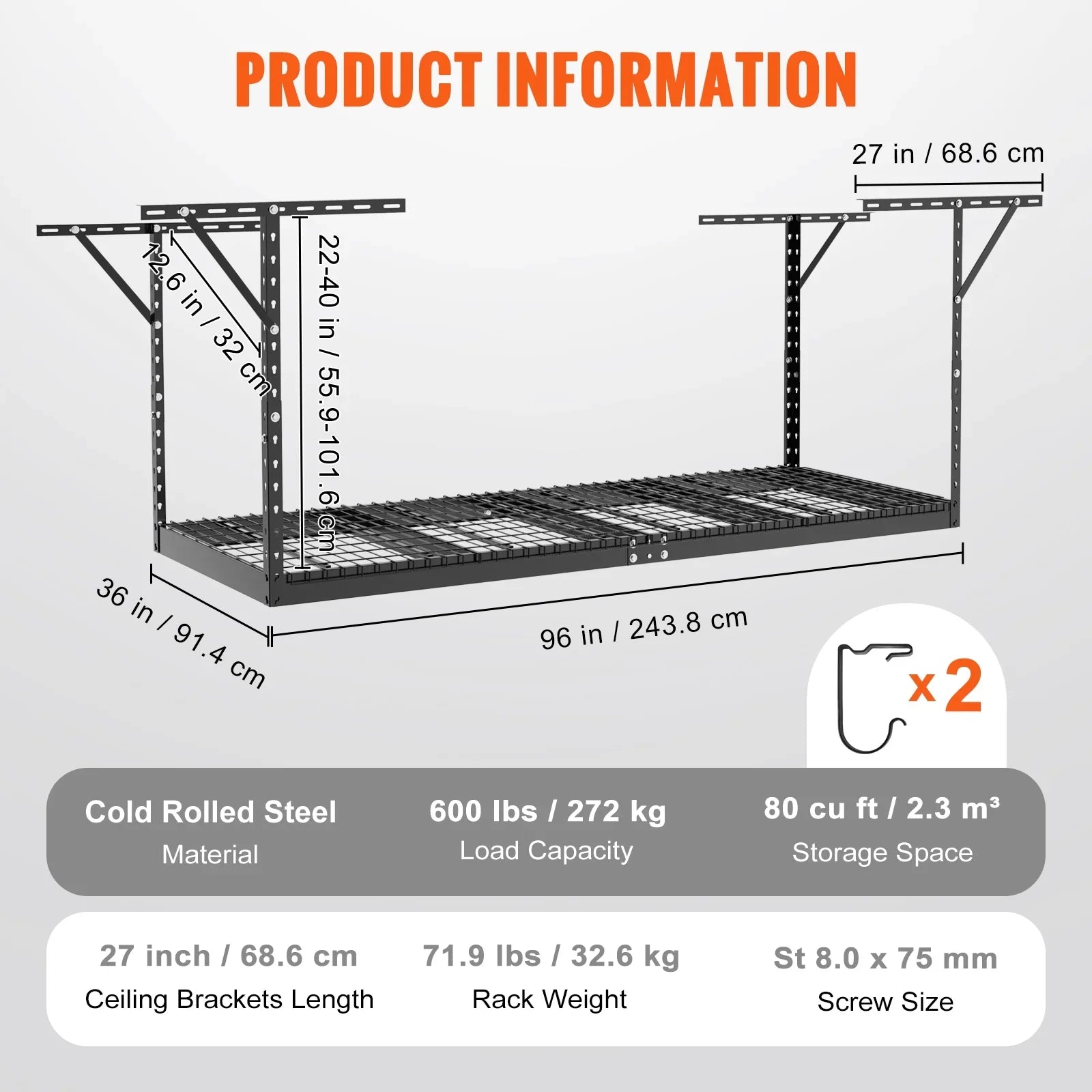 Storage Rack Overhead Garage BENTISM Rack Black 600lbs Ceiling 36x96in Adjustable