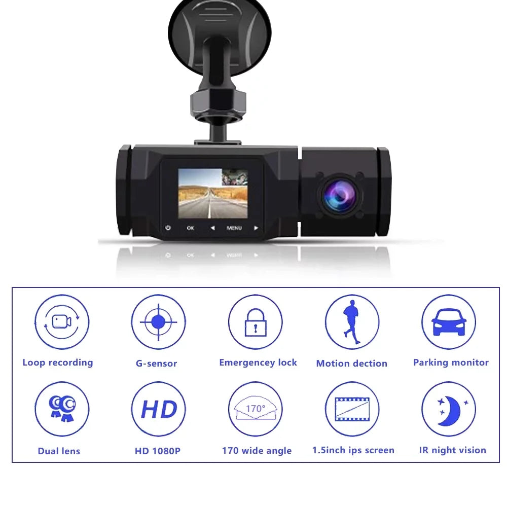 with Dual Monitoring, 1080P Recording, IPS Dash Camera Cam Car Dashboard 2 Parking and Recorder Driving Accident Cabin Night Motion IR Loop SOATUTO Detection, Locked, Channel Vision, Front 1.5in