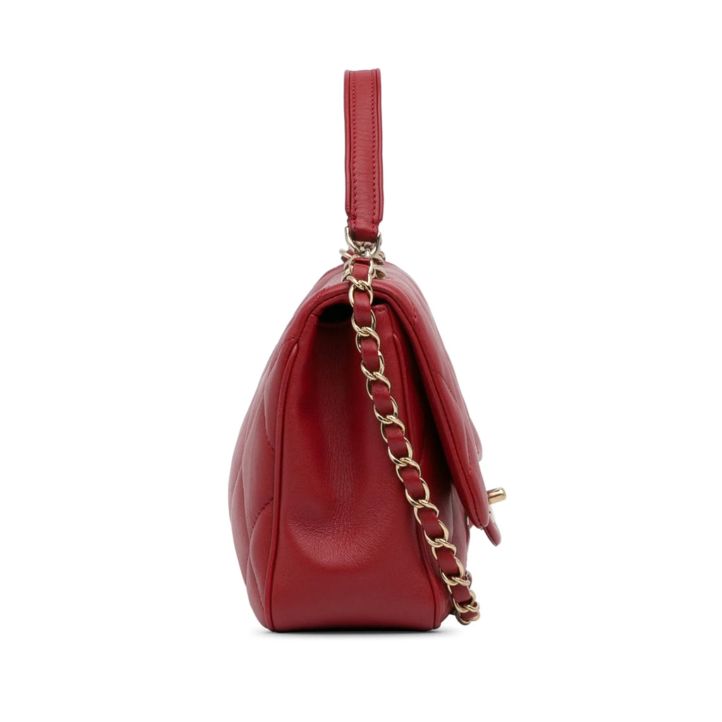 Bag Satchel Unisex Easy Pre-Owned Lambskin Carry (Good) Flap Authenticated Small Leather Chanel Red