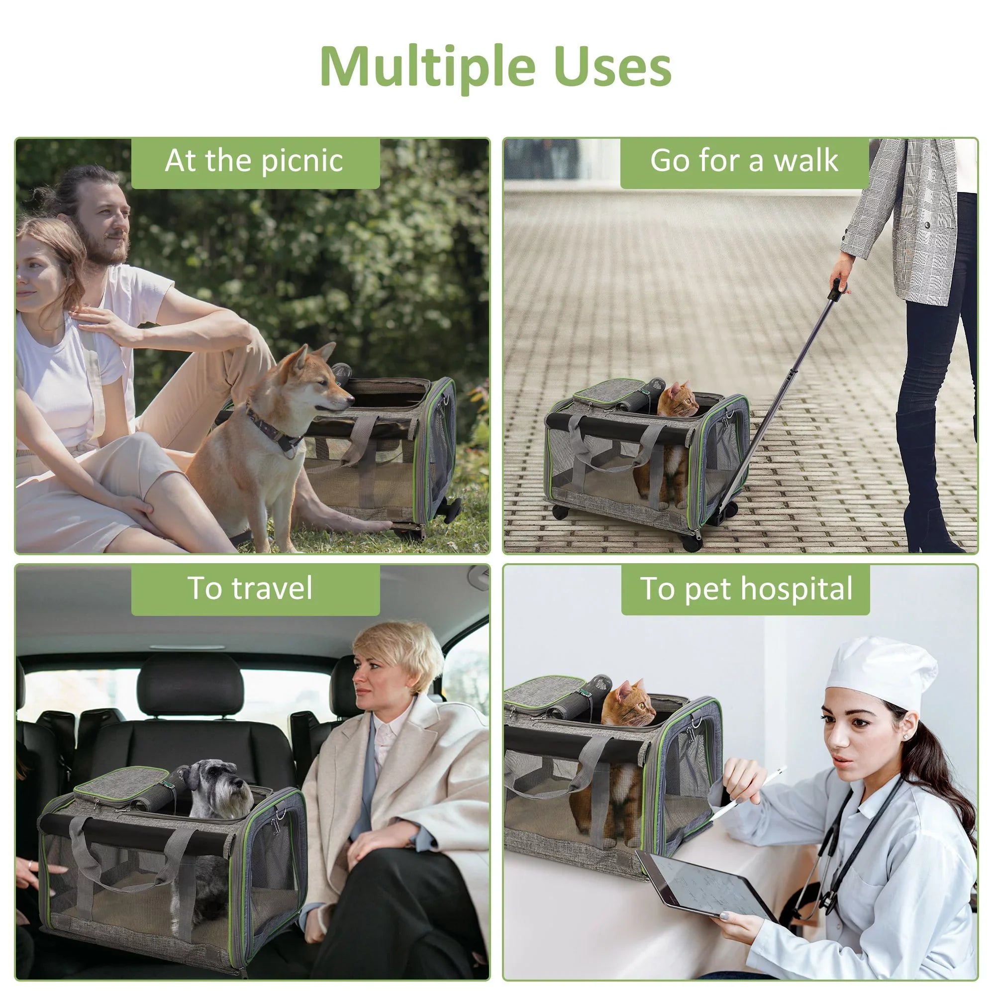 Soft-Sided and Cat Wheel Carrier Dogs Removable Pet with Pet Cat Wheels Mesh Strap Airline Approved Safety with and Base, Carrier Handle, for Telescopic Dog, for Cats, Carrier &