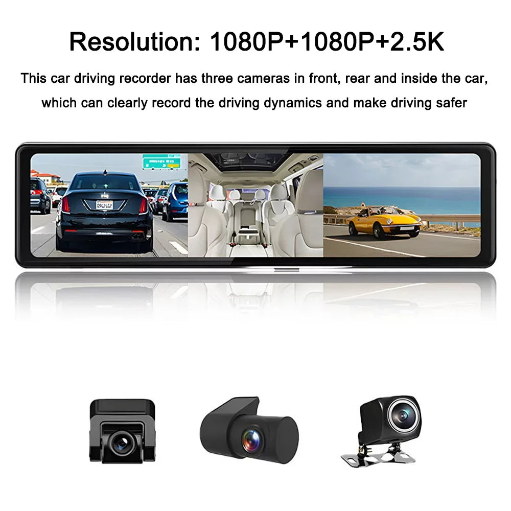 Cam Cameras 2.5K Car Car Video OWSOO 12in Mirror Car Recorder Clear Screen Driving Dash 3 Rearview Touched Auto Recorder Carplay Recording