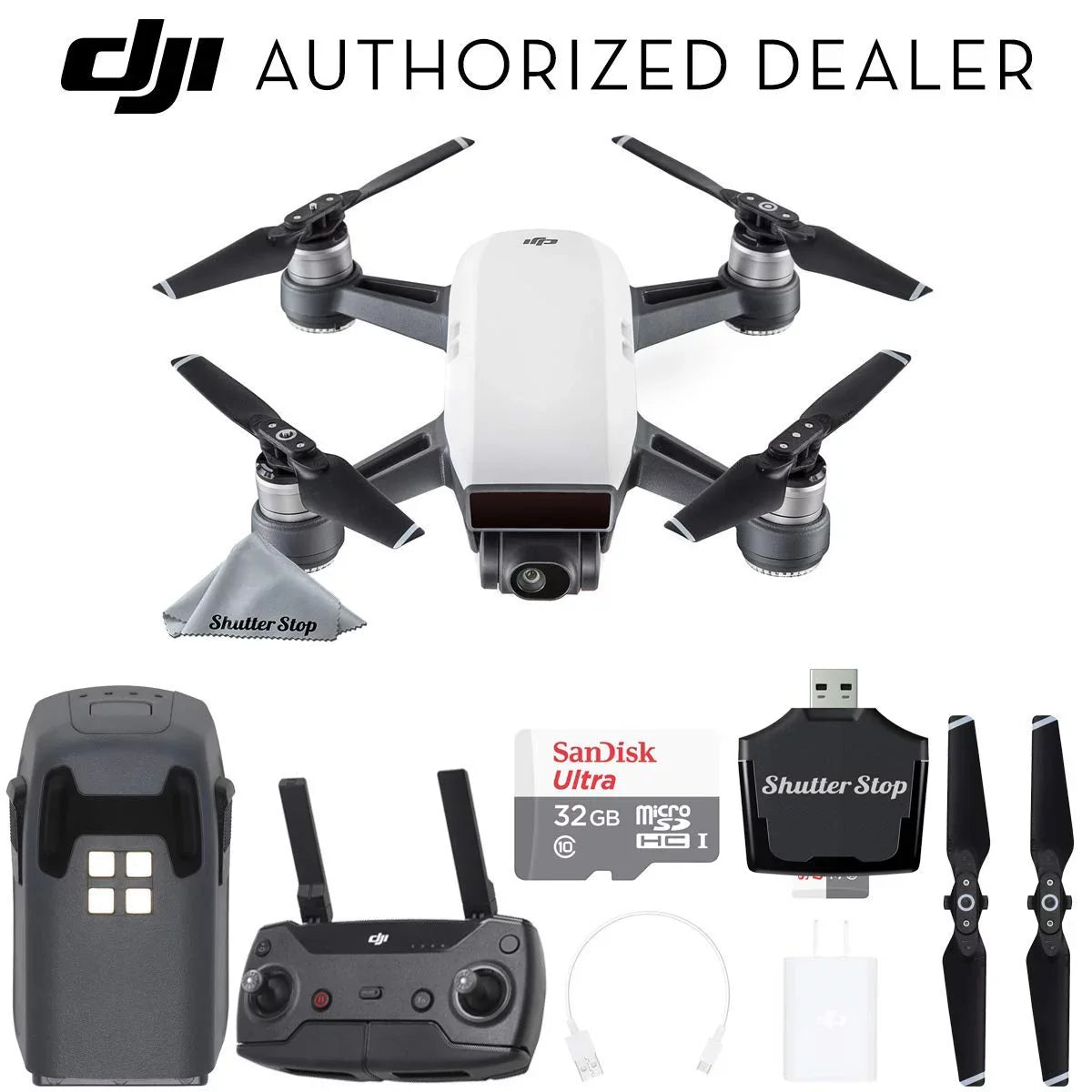 Remote (Alpine Drone Spark 32GB Controller, DJI Quadcopter Memory Reader, Sandisk with Charger, Battery, White) Card, Bundle Card Starter Kit