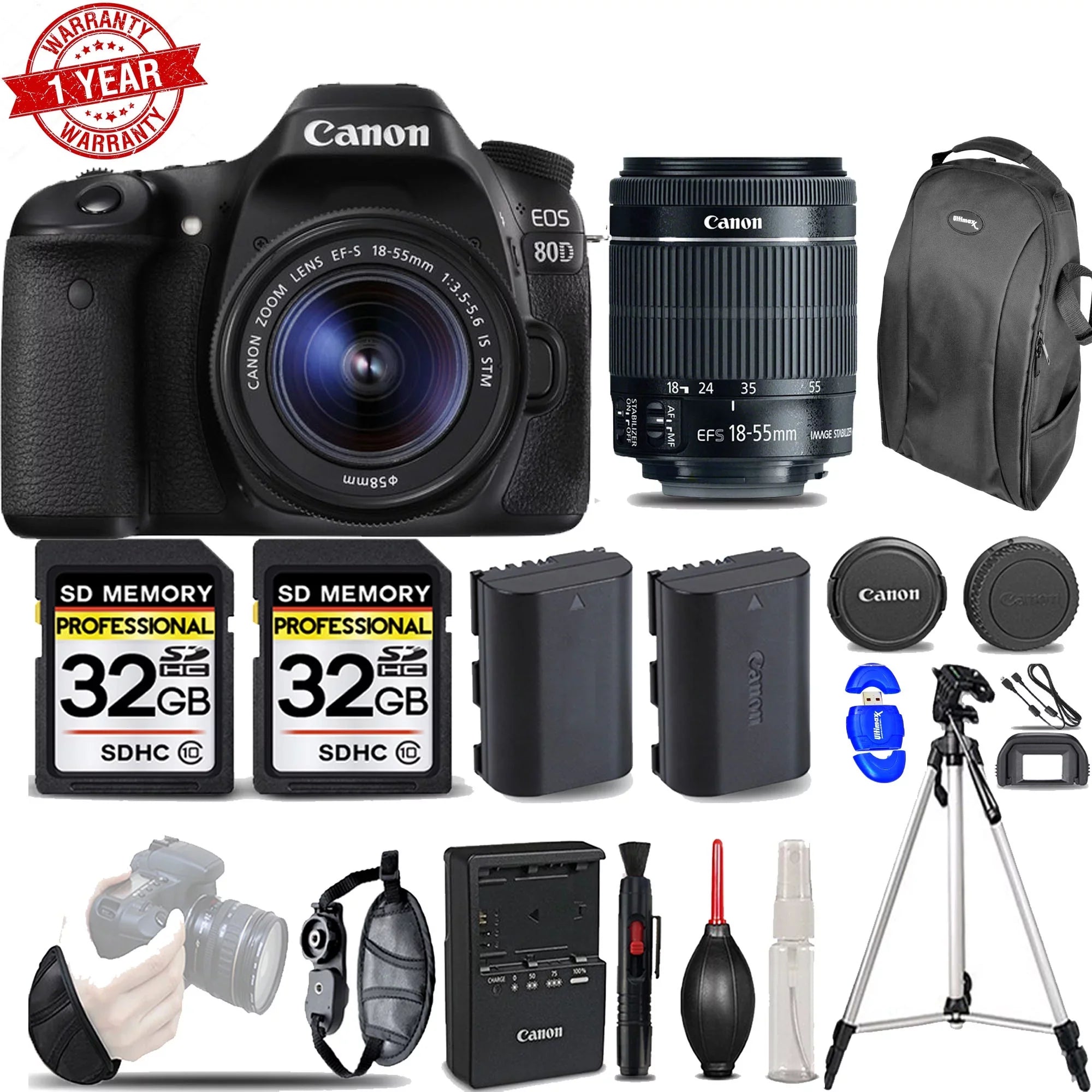 Wrist Lens Grip DSLR Ext -64GB with STM Eos Kit 18-55mm Camera | Battery 80D Canon |