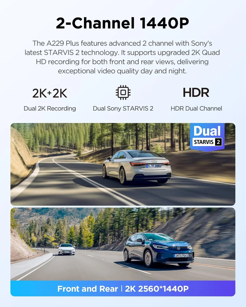 STARVIS lb Sensors, 1440P+1440P Front A229 Plus Rear with 2 2CH GPS, 1.87 Dashcam VIOFO Camera Dual