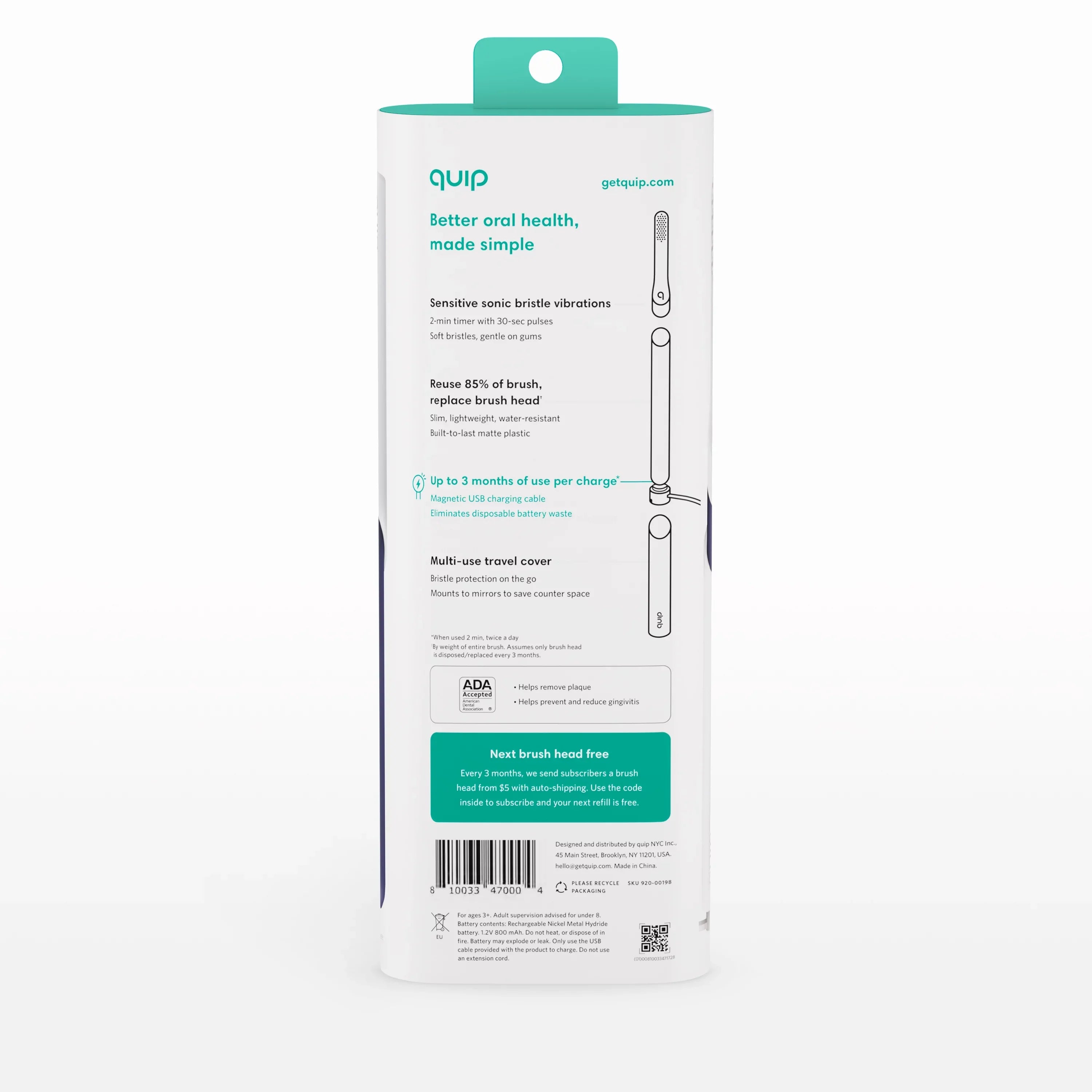 Electric Toothbrush Adult Full Head, Midnight Quip Rechargeable