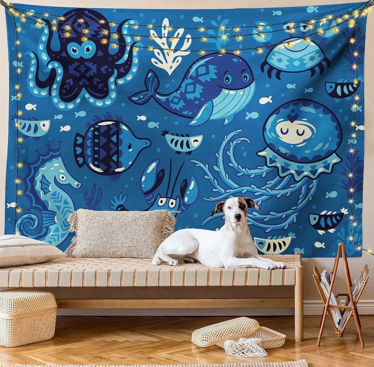 Octopus Moss Dorm, Fish Room Hanging Whale Tapestry, Animals X Fabric Living Little And For 30", Deep Print, Ocean With Decor Blue 45" Cartoon Bedroom Wall Sealife
