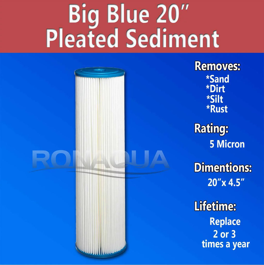 by Filter Life Dirt, Blue Extended & Big Surface Sediment Big 5 for (Set Area, Ronaqua Amplified 2) Filter Sand, Micron Rust, Washable Reusable Housing, Removes Pleated Blue 20" Silt, of