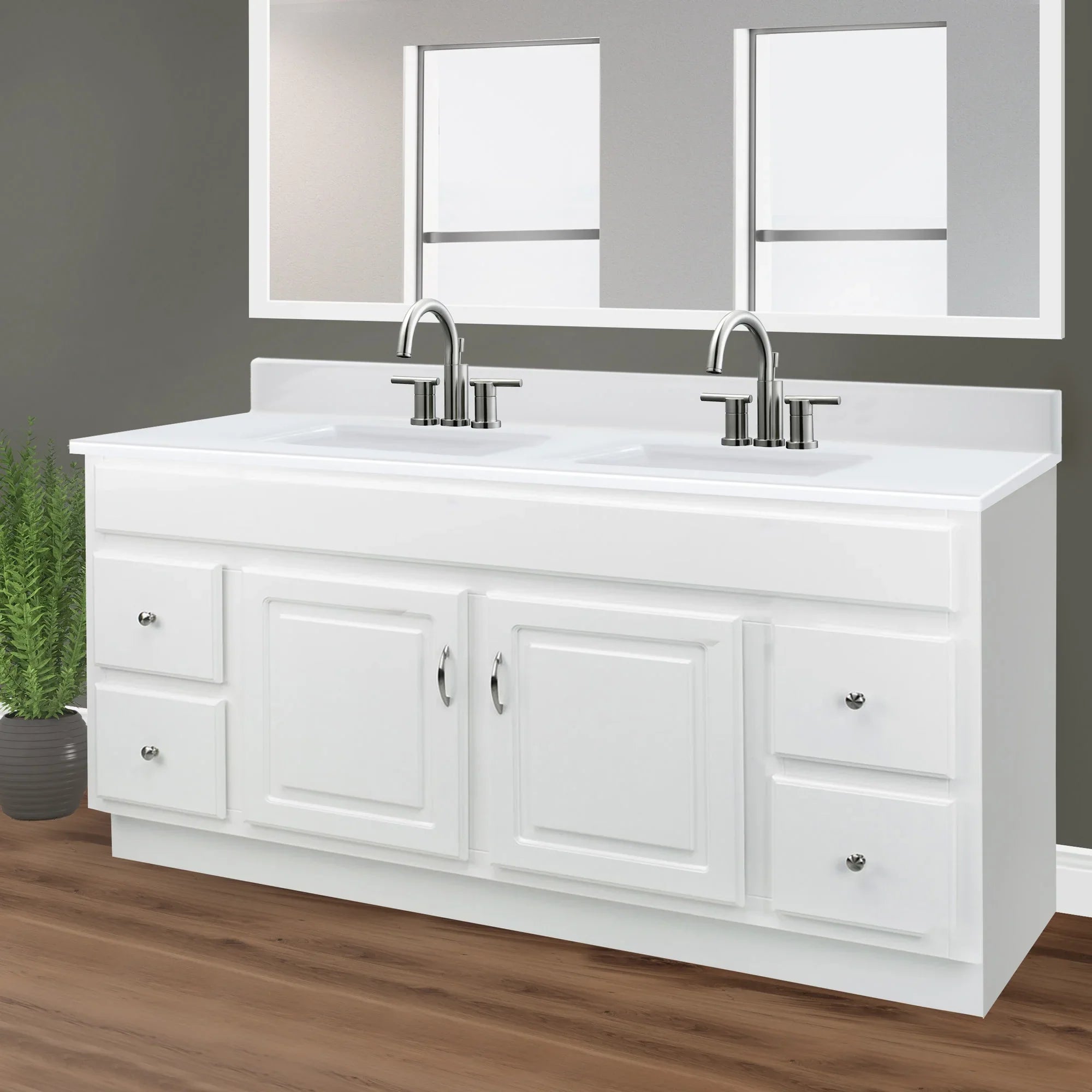 Top House Rectangle Mount Double Bowl 61-inch Integrated Marble Cultured Camilla Solid Design Vanity White 557678-WHT Centerset Backsplash, with