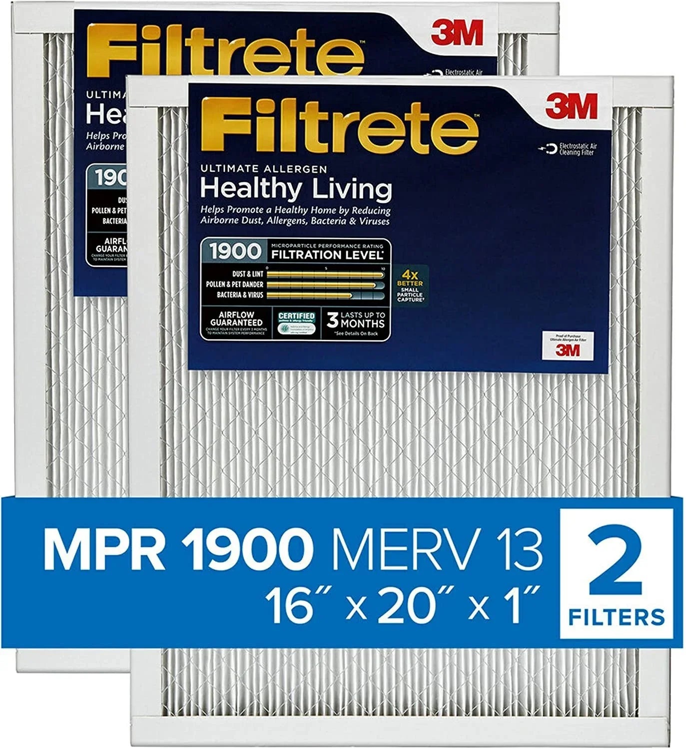 0.78 Filtrete Allergen, Air Healthy x x 13, Living 16x20x1 Ultimate 19.719 MPR MERV Filter 15.719 exact 2-Pack dimensions 1900
