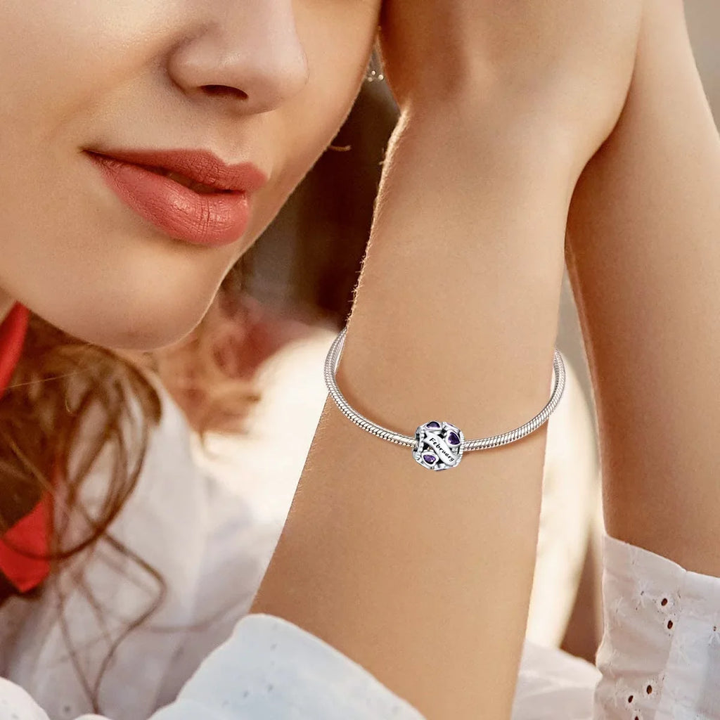 Bracelets 925 Heart Birthstone NINGAN Silver Pandora February Bead Love Charms Charms Openwork Sterling for