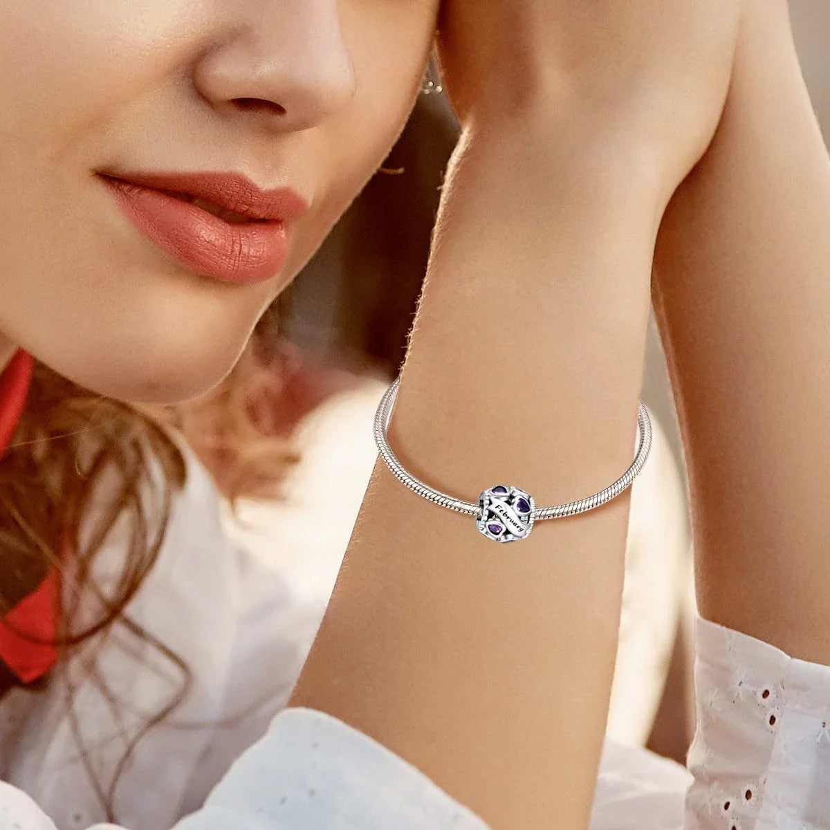 Bracelets 925 Heart Birthstone NINGAN Silver Pandora February Bead Love Charms Charms Openwork Sterling for