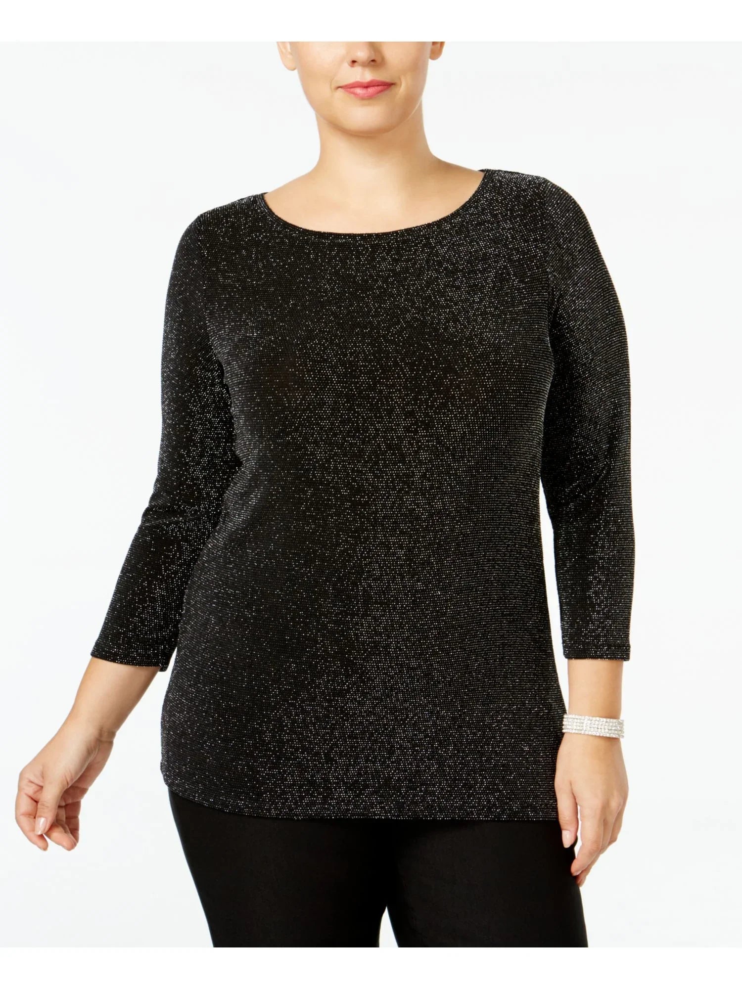 Sweater Black MICHAEL Womens 2X KORS 3/4 Sleeve Metallic Neck Plus Boat