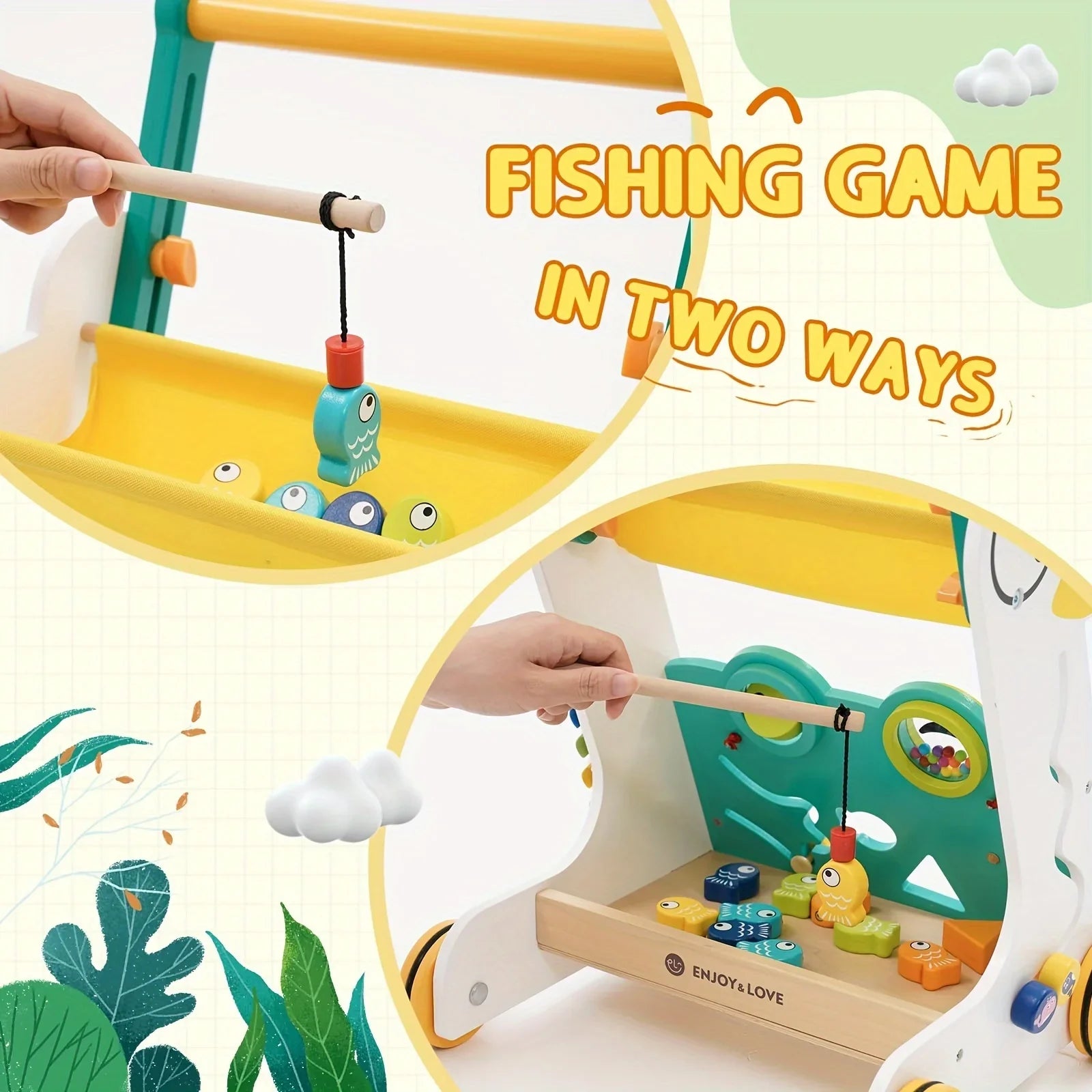 Sit-to-Stand Baby Kids Push Wooden Walker Multiple Shape Walker Baby Learning Entertainment Toy Xylophone Girls with Push Along Infants Activity Center for Toddler Boys Fishing Sorter Trolley