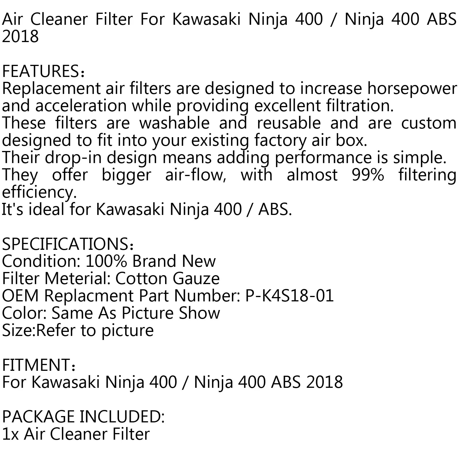 P-K4S18-01 Air / Motor 2018 ABS Kawasaki Filter Ninja Genic For 400