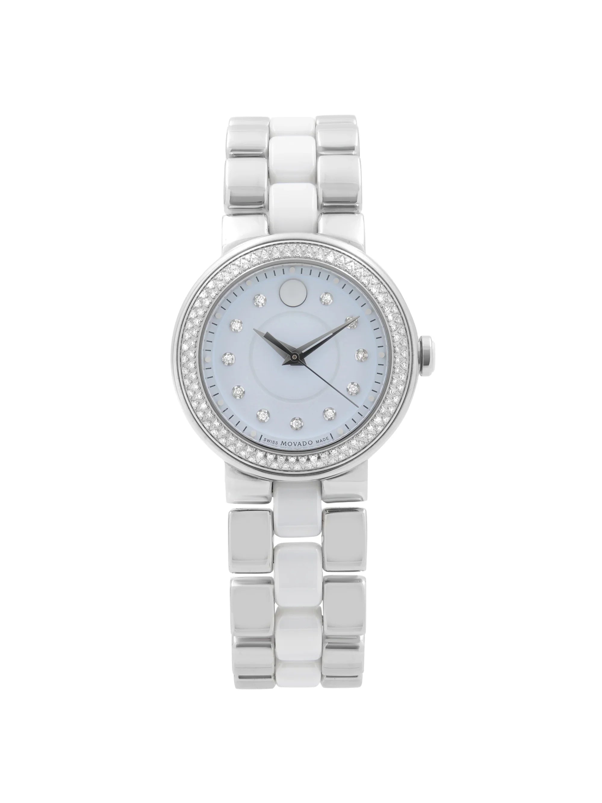Diamond Bezel Cerena Ceramic Movado White Watch 28mm Steel 0606931 Ladies Pre-Owned Quartz