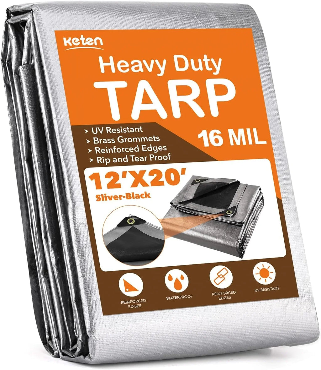 Extra Duty Mil, 16 with UV Resistant, Reinforced 100% Tear X Tarps Grommets Tarp Camping, Fade & Waterproof 20?, Heavy for Boat(Silver/Black) Patio, Outdoor 12? Pool, Thick Roof, Blocking,