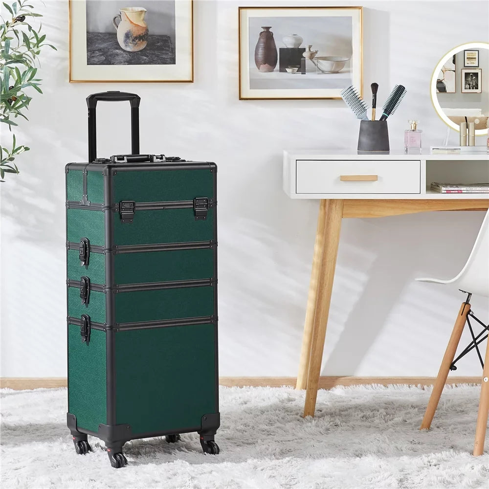 Makeup Green Aluminum Alden Case, Travel Professional Cosmetic Design 4-in-1 Dark