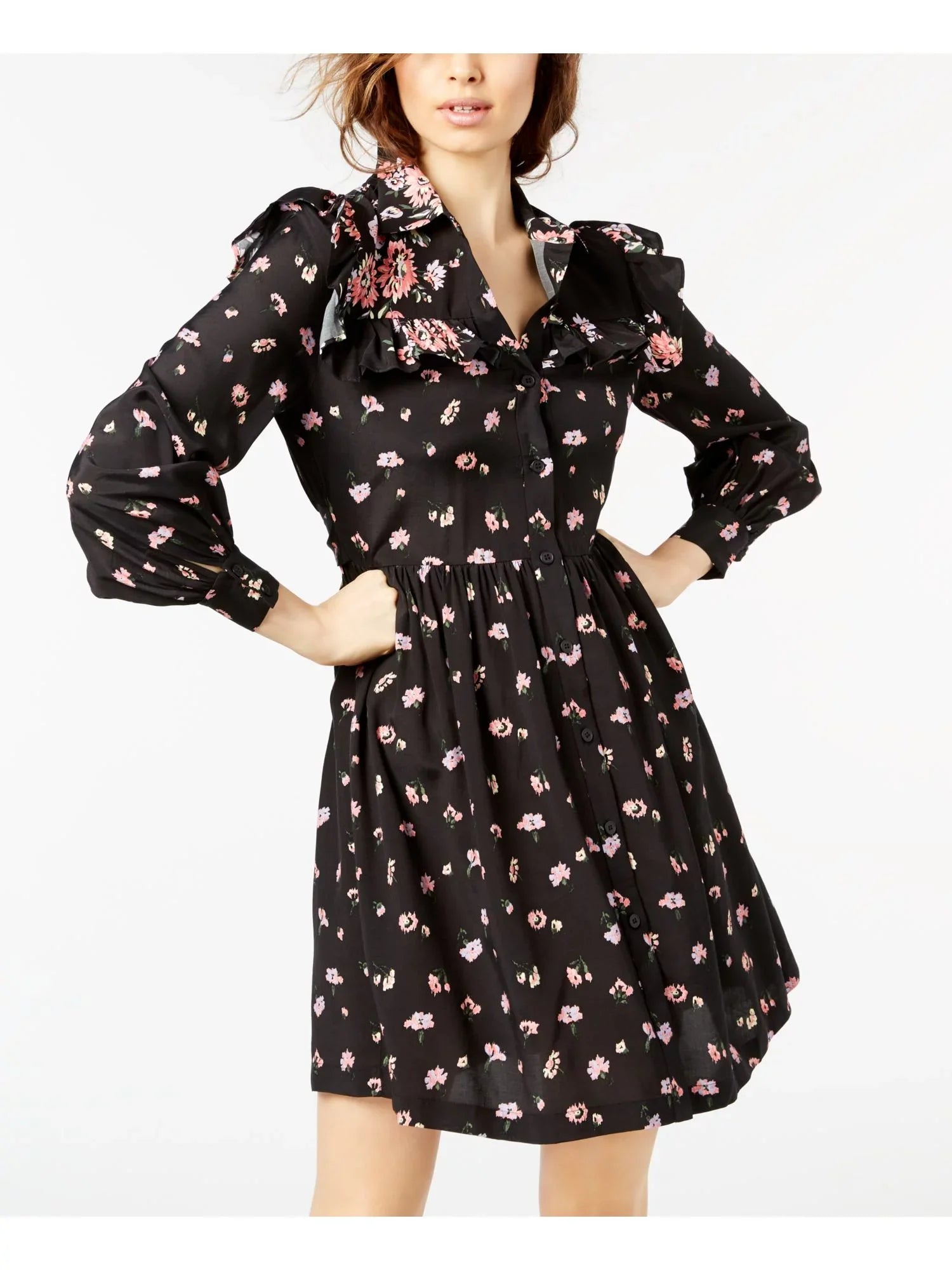 Sleeve STUART JILL L Printed Black Dress Womens Shirt Ruffled Long