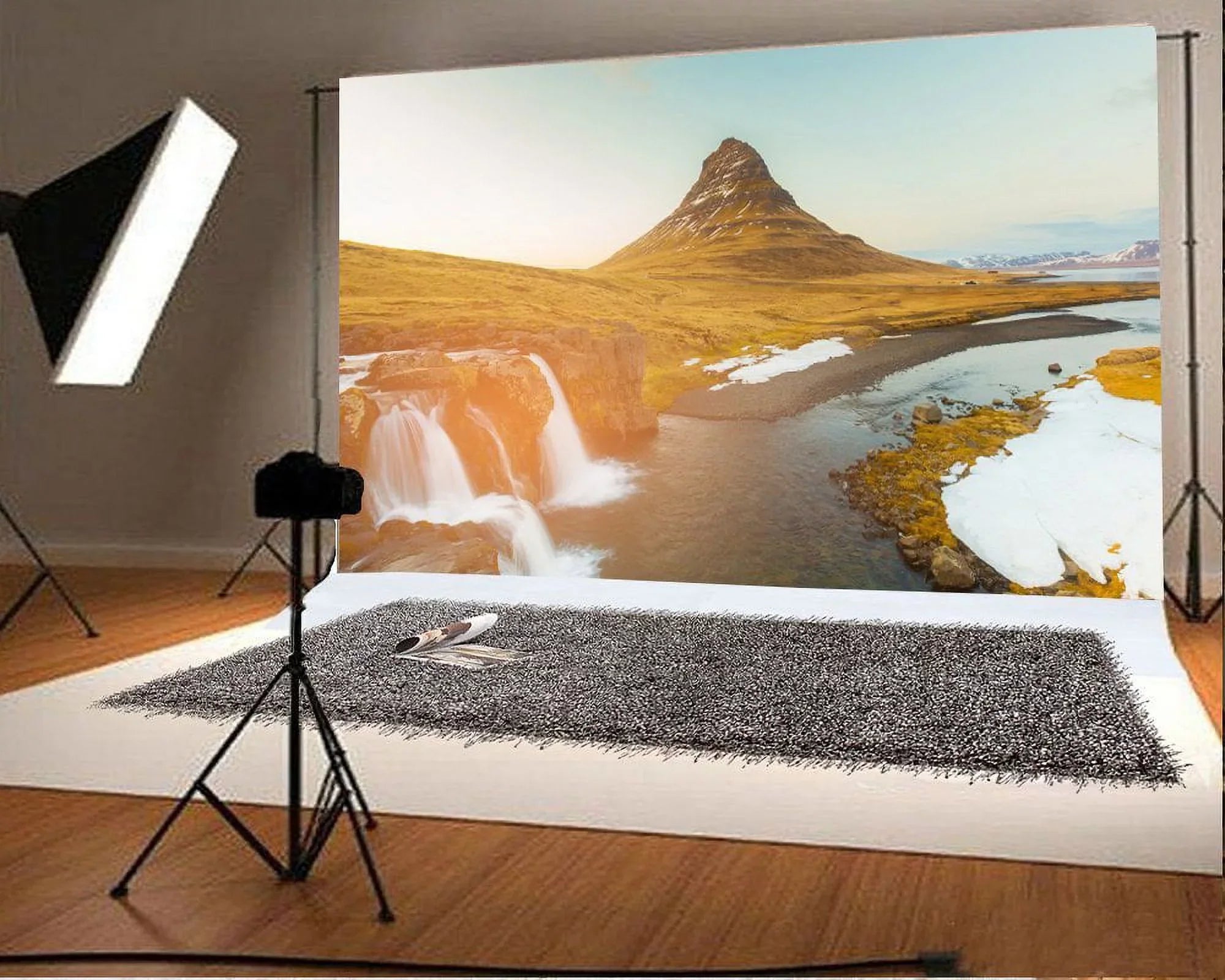 HelloDecor Adults Lawn Photography Background Kirkjufellsfoss Studio Blue Props Grass Nature Cascade Photo Travel Landscape Kids Outdoor Mountain Iceland Backdrop 7x5ft Sky