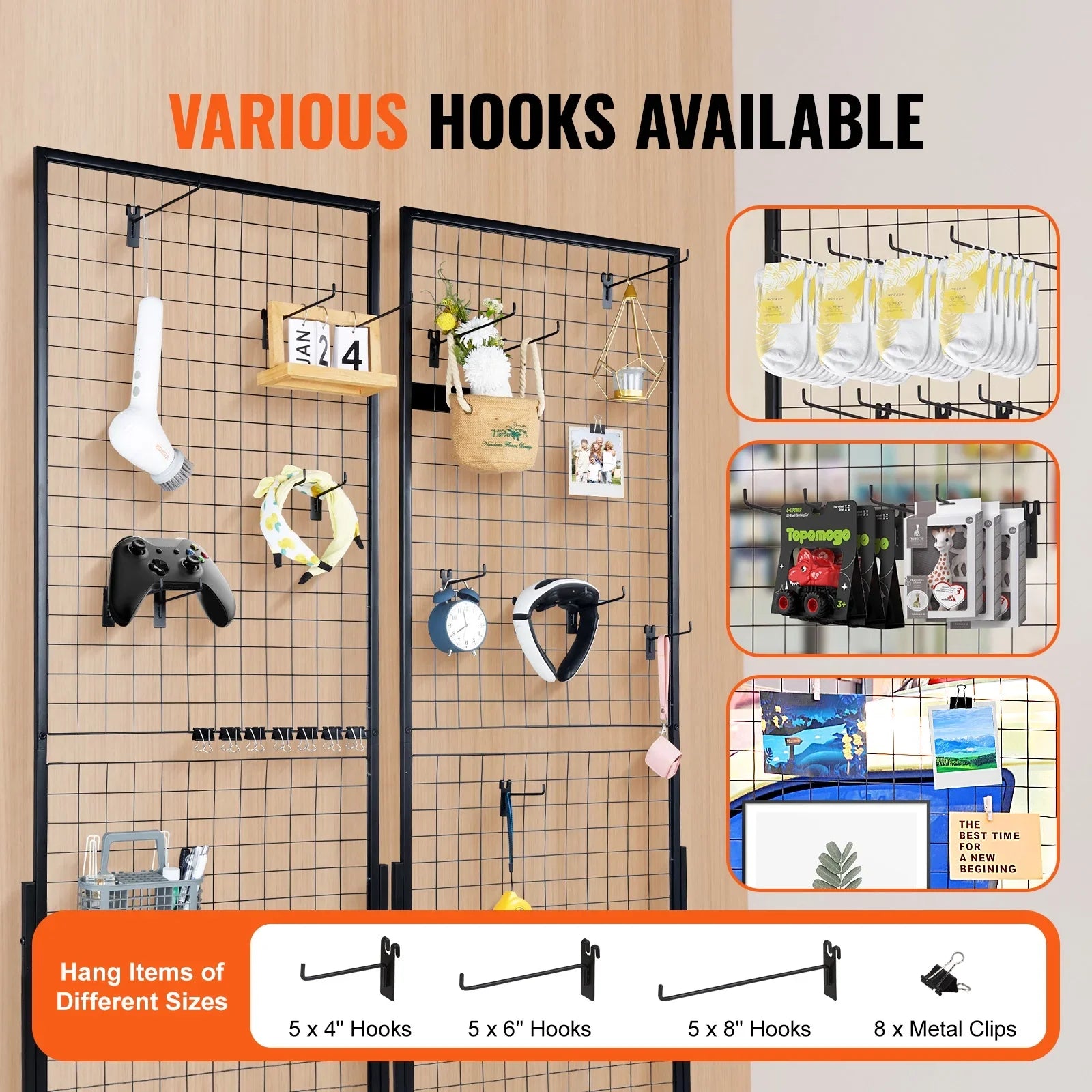 Side Wall T-Base with Packs Grid Gridwall 2' Gridwall x Double Retail Floorstanding, Shows, Display and Wire Art Extra Clips Panels Racks Display for 2 Panels Tower, with 5.6' Craft Hooks BENTISM