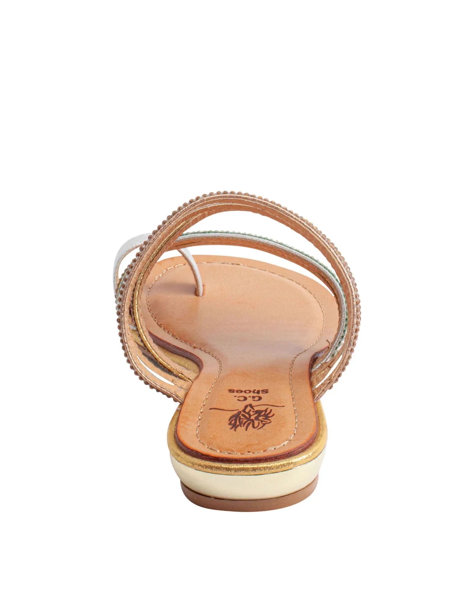 Gold Round Slip G.C. Womens 9 Rhinestone Sandals Padded Toe-Loop Harmonie Slide On SHOES Toe Strappy Wedge