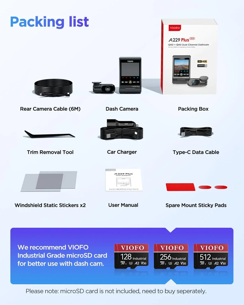 STARVIS lb Sensors, 1440P+1440P Front A229 Plus Rear with 2 2CH GPS, 1.87 Dashcam VIOFO Camera Dual