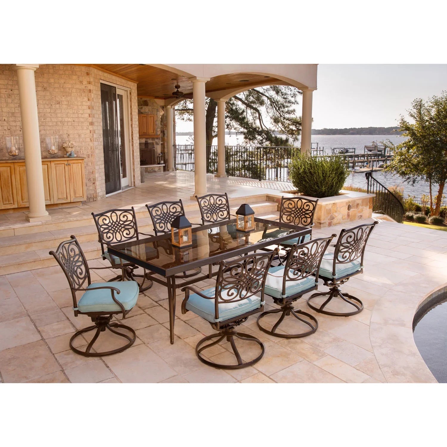 Dining Cambridge Dining Glass-Top in 9-Piece Blue Extra Seasons Table Large with Set