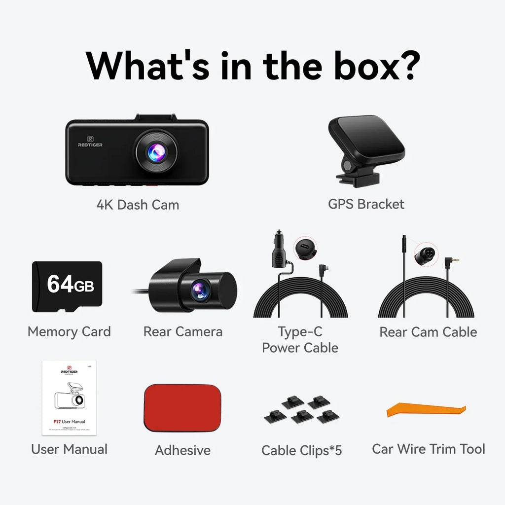 Rear REDTIGER with Camera IR and DashCam Channel, Front with Cam inch Screen GPS, Triple 3 3 Dash Camera 64GB WiFi IPS Vision, Car Card, Night 5G Way Dash with Vehicle Three Free