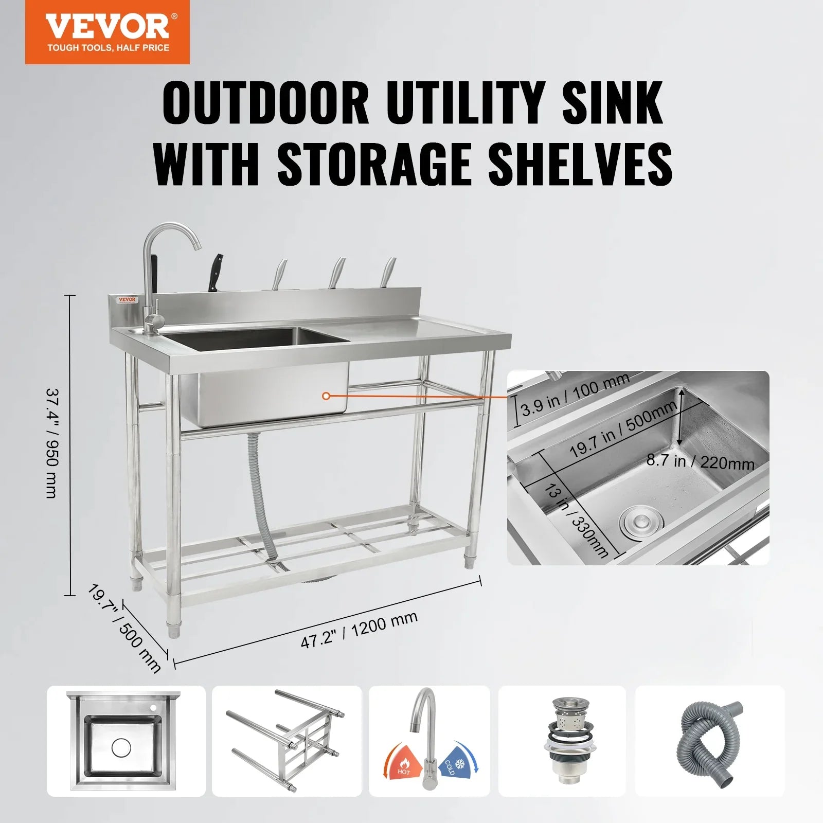 Bowl 47.2x19.7x37.4 Sink Utility w/Workbench in Single Stainless Steel BENTISM