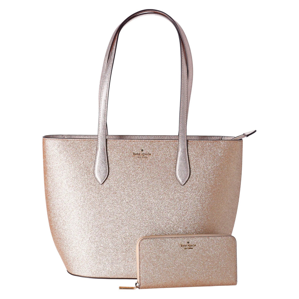 Glimmer Holiday Kate + Wallet Bag Shoulder Zip Large Spade Top Tote Gold Glitter