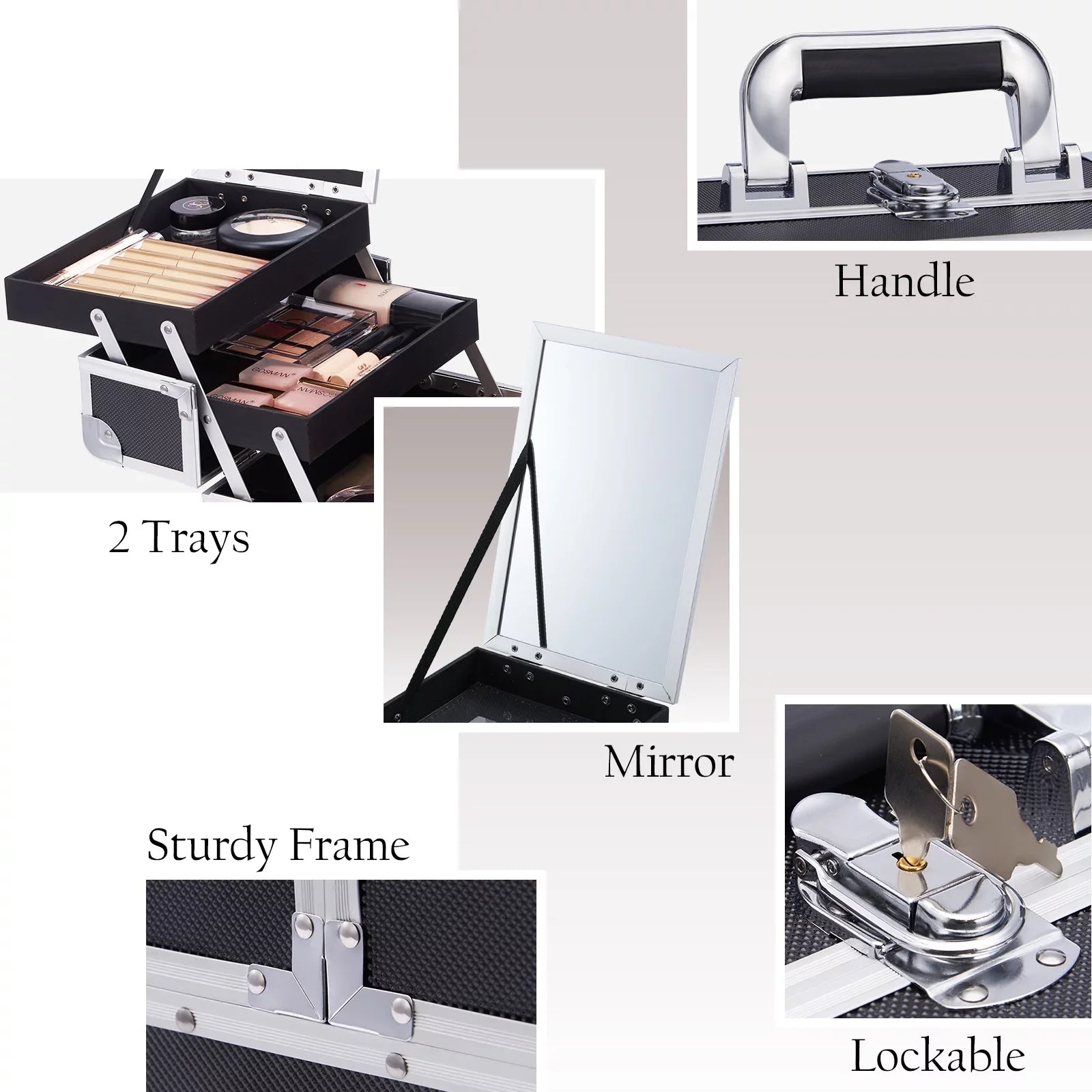 Makeup Organizer Makeup Mirror Cosmetic Storage Train Joligrace Case with Trays 2 Case Box Lockable