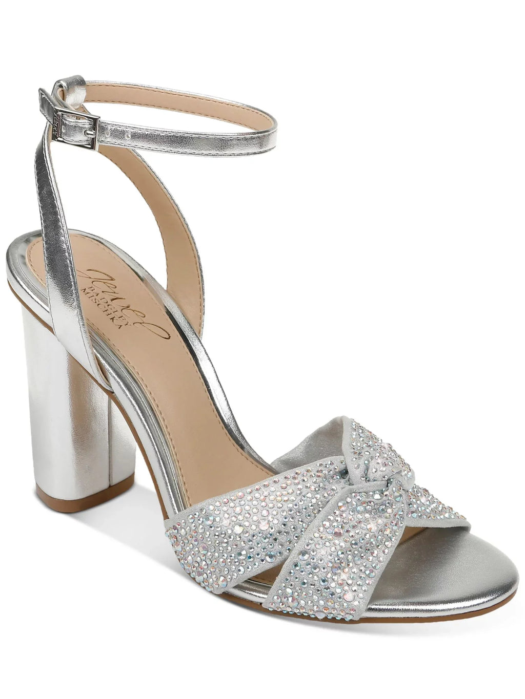 Rhinestone Round Silver BADGLEY Dress Toe JEWEL Twisted M Block Ankle MISCHKA Buckle Adjustable Strap Heeled Sandal Nicoline Metallic Strap Heel Strap Womens Padded 7.5